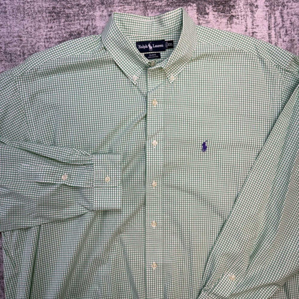 VTG Polo Ralph Lauren Shirt Men 2XL Blake Oversized Green Grid Check Poplin Pony